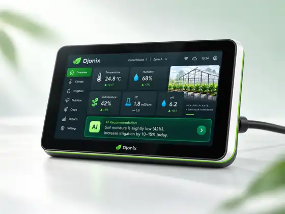 Djonix 7-inch console showing greenhouse readings